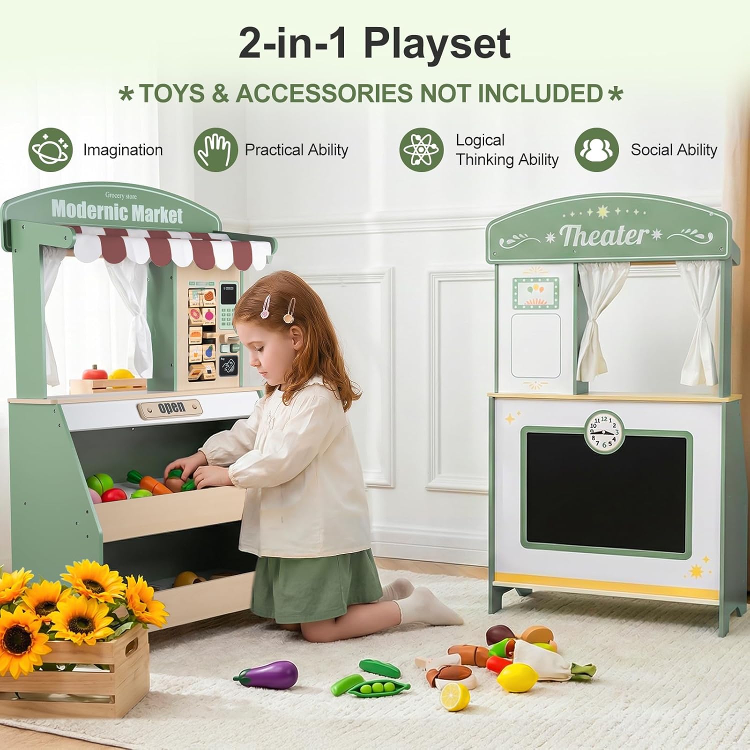 Kids Grocery Store Pretend Play, Puppet Theater&Grocery Store Playset Toy Double-Sided, Toddler Supermarket Toy Cash Register w/Blackboard, Display Shelves, Gift for Boys Girls, Green - Image 2