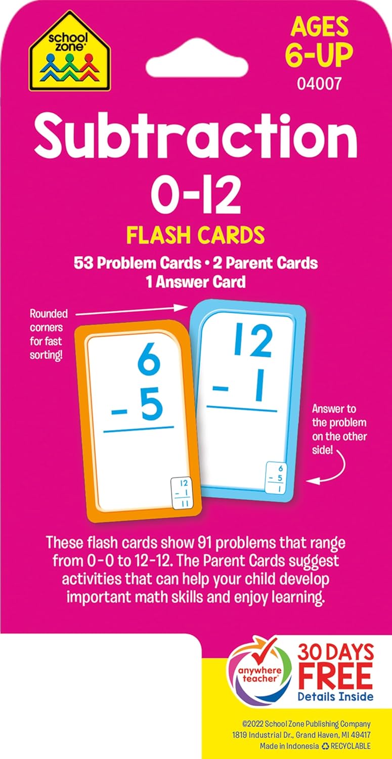 School Zone Subtraction 0-12 Flash Cards: 56 Cards, 1st Grade, 2nd Grade, Numbers 0-12, Differences, Early Math, Problem Solving, Subtraction Problems, Counting, Ages 6+ - Image 2