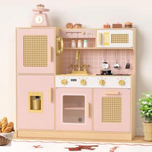 Babytronic Wooden Kitchen Playset for Kids – Pink Pretend Play Kitchen with Lights & Sounds, Retro Style Toy Kitchen for Toddlers Ages 3+, Wooden Play Kitchen Set with Realistic Design (Pink)