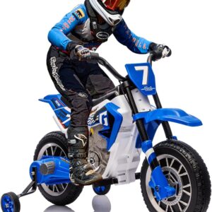 JOYLDIAS Kids Motorcycle, 12V7AH Ride On Motorcycle for Kids w/Training Wheels, Music, Spring Suspension, High/Low Speeds, Blue