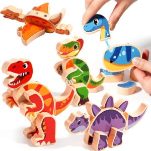 INIFEIDALA Magnetic Wooden Dinosaur Building Blocks,Take Apart STEM Montessori Educational Toy,Fine Motor Skills Development Ages 3-6,Hand-Eye Coordination