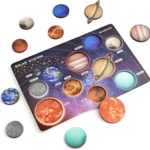 Solar System Wooden Puzzle Toys for Kids 3-5, Toddler Outer Space Montessori Planet Toys Gifts for Girls & Boys, Preschool Solar System Learning Planet Wood Puzzle Board Sensory STEM Game