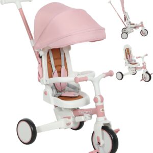 Qaba 7 in 1 Tricycle Stroller for Toddler 1-5 Years, Foldable Toddler Bike with Adjustable Push Handle, Rotatable Seat, Removable Canopy, Safety Harness, Double Brake, Footrest, Pink