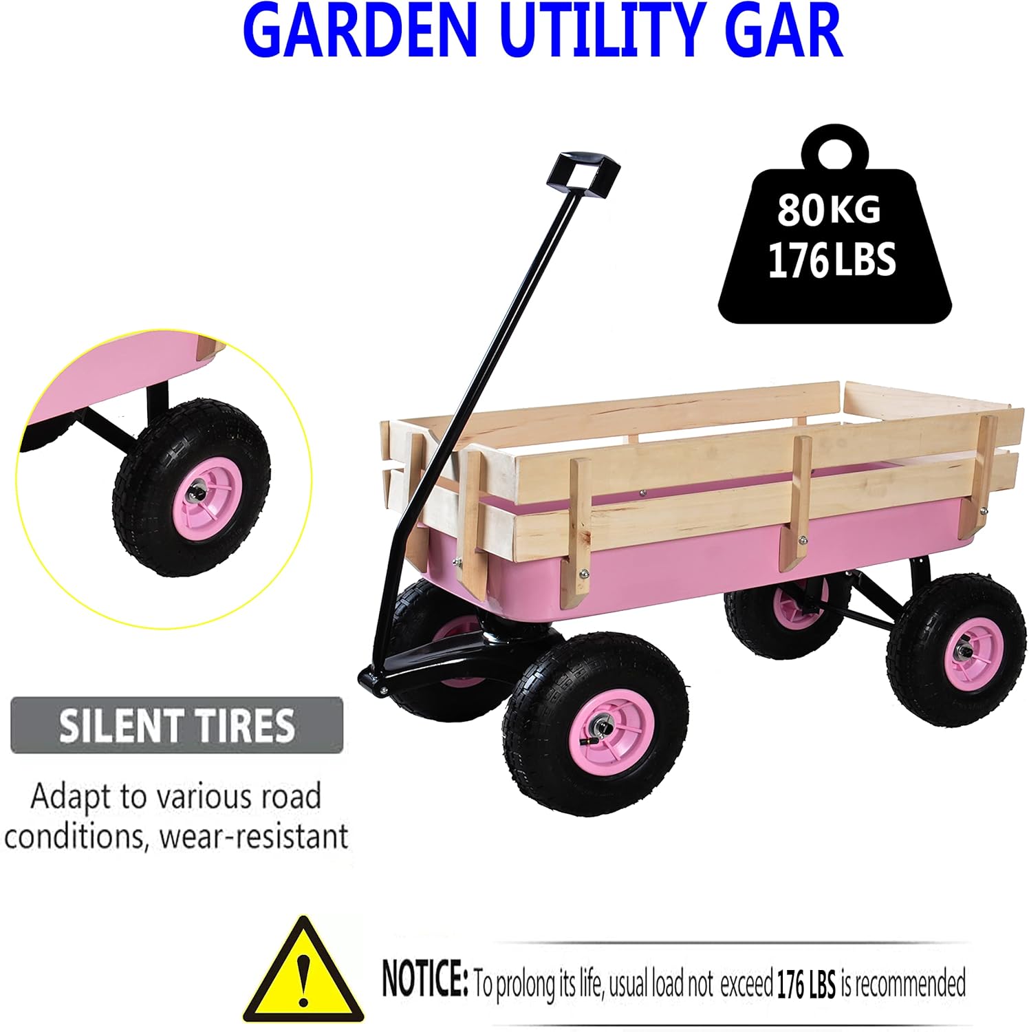 ZeHuoGe Outdoor Sport Pink Wagon All Terrain Pulling w/Removable Wooden Side Panels Air Tires Big Foot Panel Wagon, Pull-Along Wagons (Pink) - Image 3