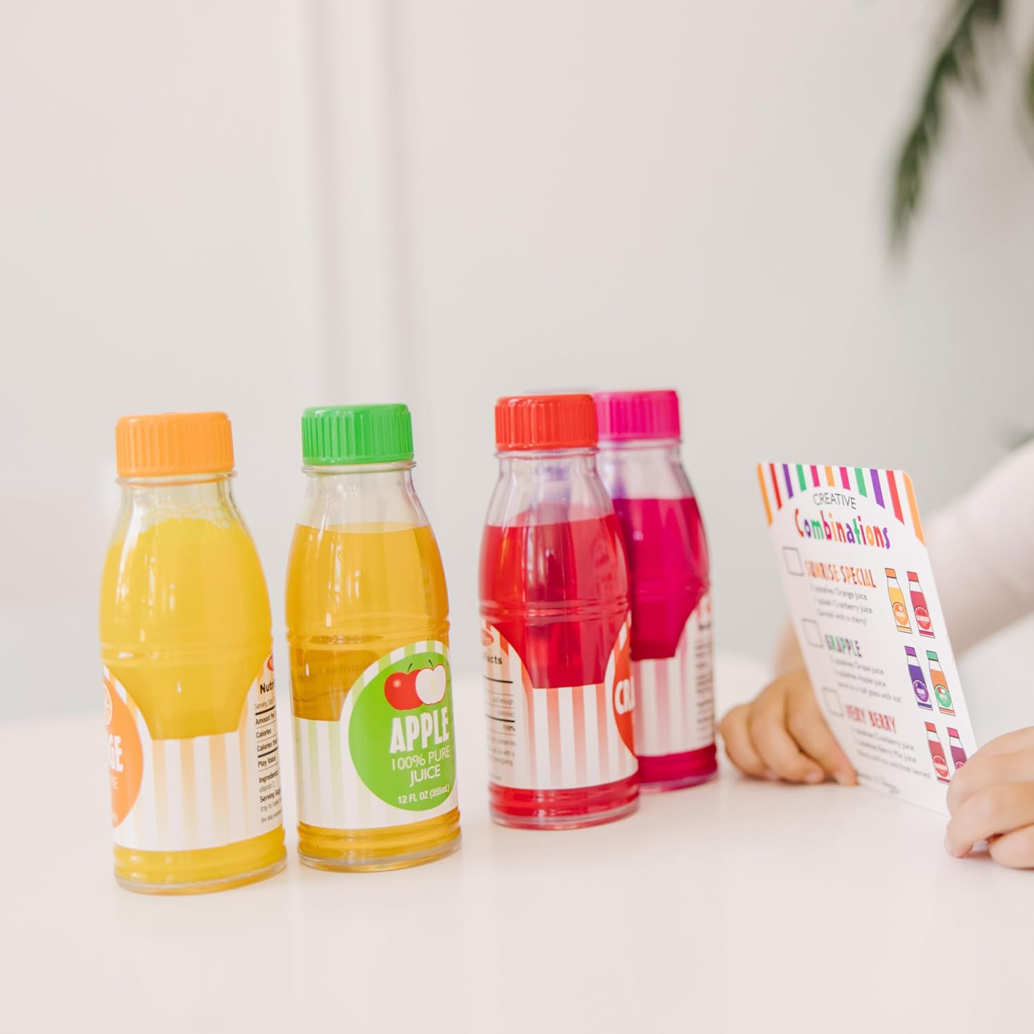 Melissa & Doug Tip & Sip Toy Juice Bottles and Activity Card (6 Pcs) Pretend Play Food Set, Play Kitchen Food For Ages 3+ - Image 8