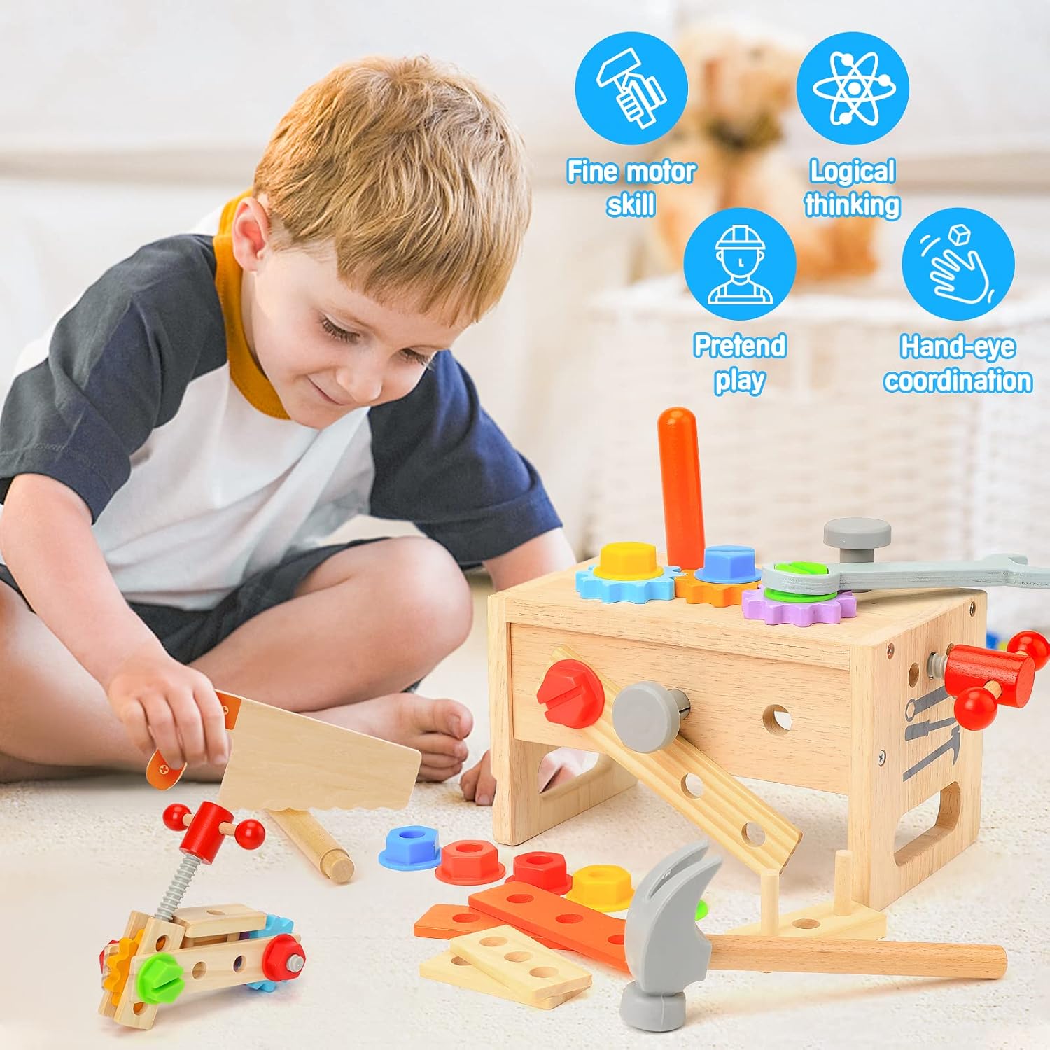 Wooden Tool Set for Kids 2 3 4 5 Year Old, 29Pcs Educational STEM Toys Toddler Montessori Toys for 2 Year Old Construction Preschool Learning Activities Gifts for Boys Girls Age 2-4 1-3 - Image 4