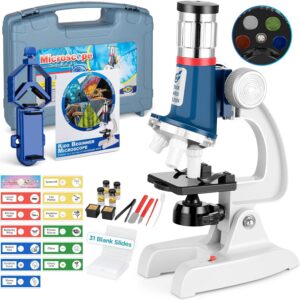 58-Piece Kids Microscope Kit – 100X-1200X Magnification, Metal Body, LED Light, Carrying Box – Science Experiment Toy for Kids Ages 5-12