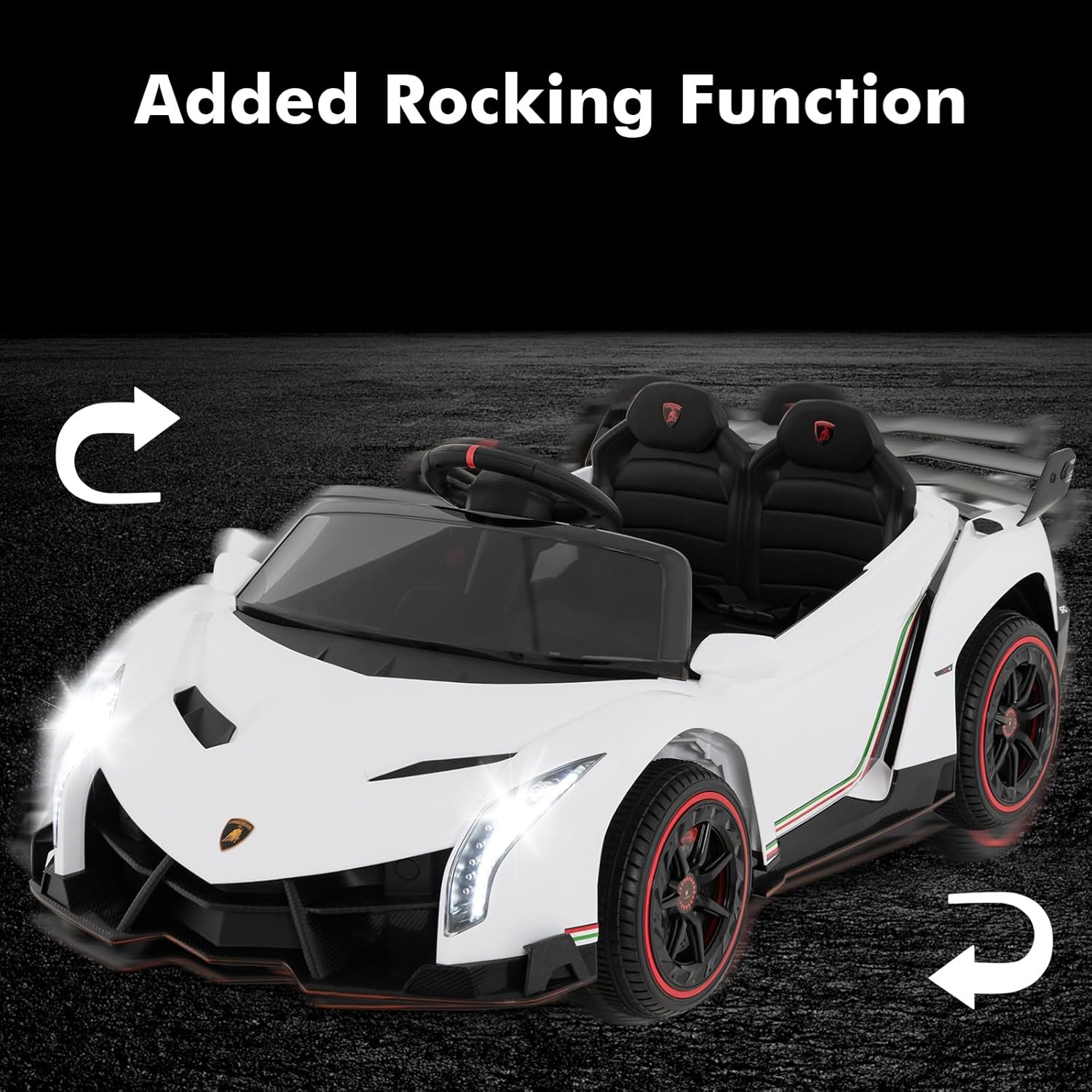 INFANS 2 Seater Kids Ride on Car, 12V 4WD Licensed Lamborghini Veneno Powered Electric Vehicle with Hydraulic Doors, Rocking Mode, Adjustable Speeds, Remote Control, MP3, Headlight (White) - Image 5