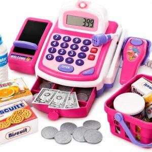 Prextex Grocery Store Pretend Play Electronic Toy Cash Register Set – STEM Cash Register for Kids with Microphone, Play Money, and Food Basket – Kids Checkout Toys with Scanner- Pink