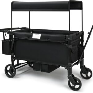 VOOI Stroller Wagon, 2 Seater Kids Wagon, Collapsible with 5-Point Harnesses, Zipper Door, Sun Canopy