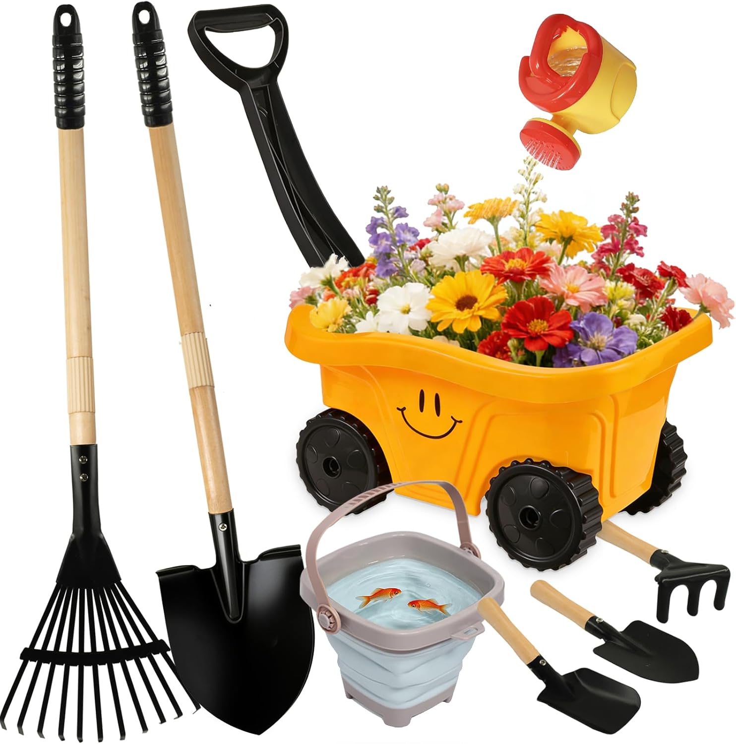 Toddlers Rake & Shovel Set with Wheelbarrow, Kids Yard Tools for Digging, Gardening, Beach, Sandbox, Lawn, Camping, Summer Outdoor Garden Toys Gifts for Children Age 3-6 Years Old