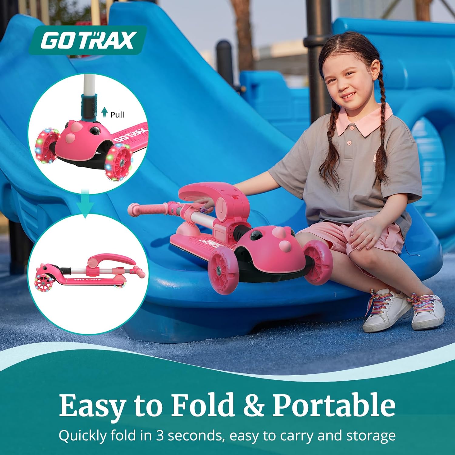 Gotrax KS3 Pro Folding Kick Scooter for Kids, One Key Removable Seat & 3 Extra Wide PU Light-Up Wheels and Anti-Slip Deck, Adjustable Height Handlebar and Lean-to-Steer Scooter for Children Aged 2-8 - Image 3