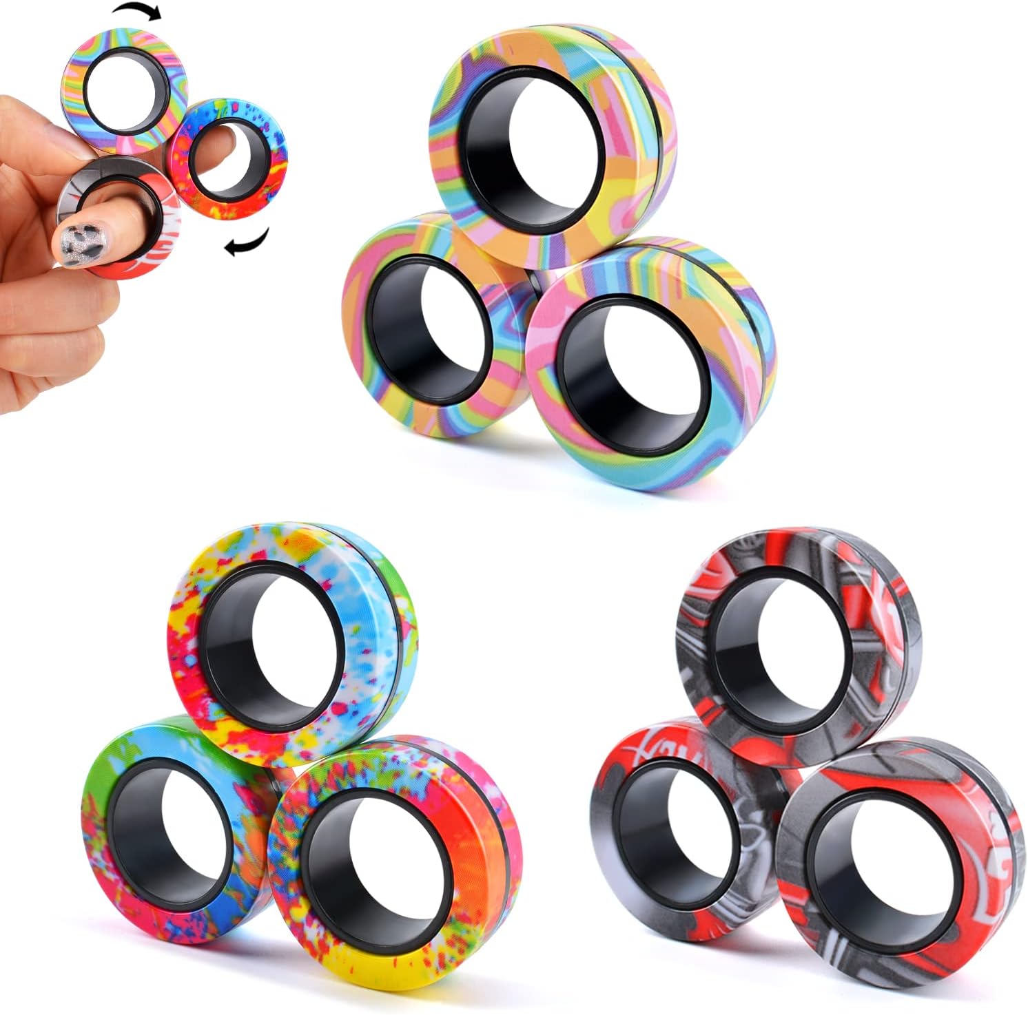 Cevioce 9Pcs Magnetic Rings Fidget Toys Adults Teens Boys ADHD Anxiety Magnetic Fidgets for Kids Fidget Spinner Rings for Relief Gifts for Kids 8+ Year Old Easter Basket Stuffers