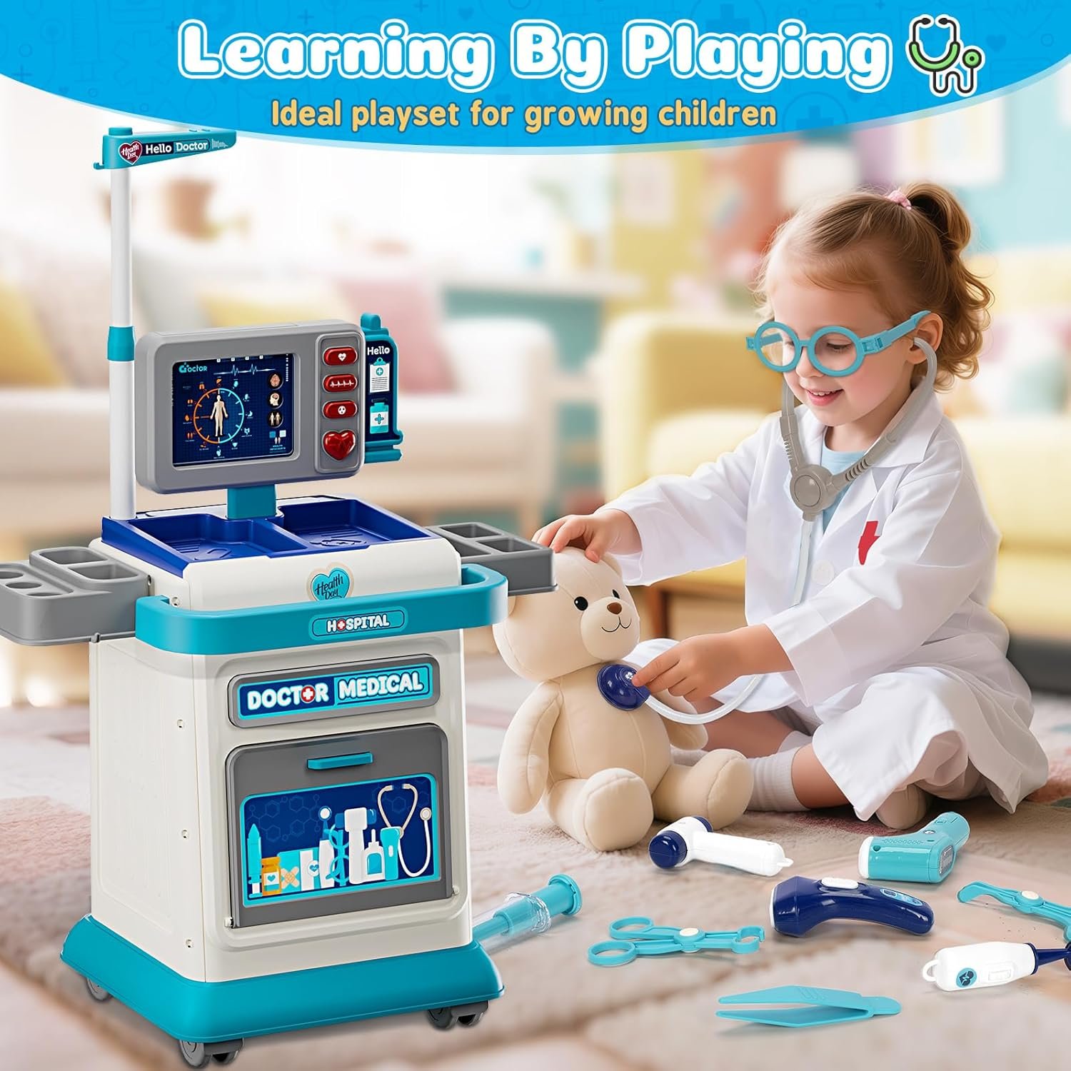 Doctor Kit for Toddlers 3-5, Pretend Doctors Play Set with Cart, Costume and Stethoscope for Kids Aged 3 4 5, Role Play Medical Toys for Girls Boys, Christmas Birthday Educational Gift for Toddler - Image 8