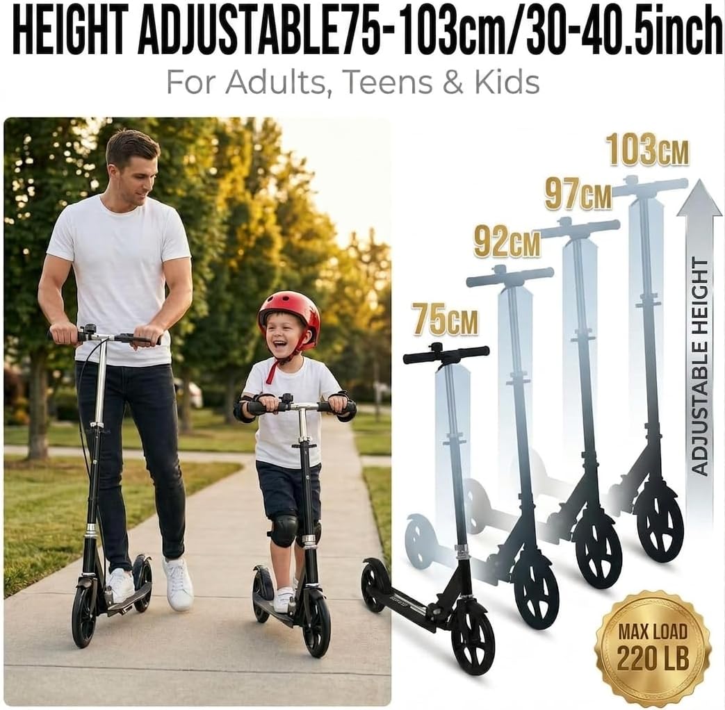 Non-Electric Scooters for Kids 8-12, Teens & Adults - Foldable Commuter Scooter with 8" Wheels, Bell, Hand Brake & Adjustable Height 30"-40.5", 220LB Capacity, Manual Push Scooter for Campus & Park - Image 2