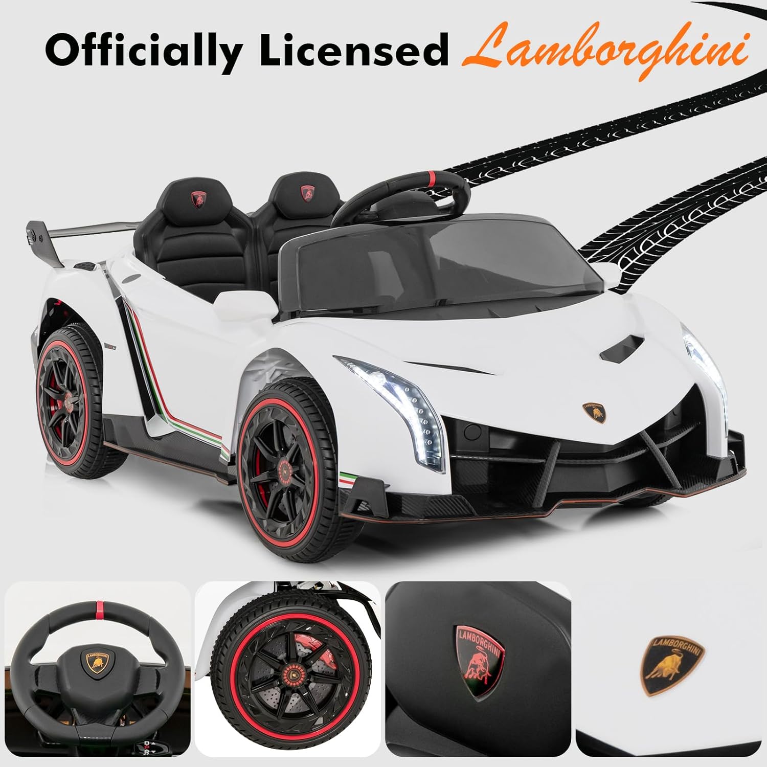 INFANS 2 Seater Kids Ride on Car, 12V 4WD Licensed Lamborghini Veneno Powered Electric Vehicle with Hydraulic Doors, Rocking Mode, Adjustable Speeds, Remote Control, MP3, Headlight (White) - Image 3