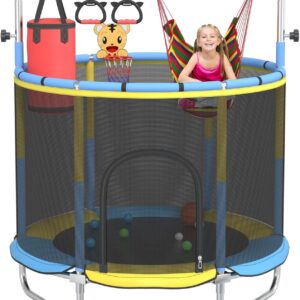 Kids’ Trampoline, 60″ Indoor & Outdoor Toddler Trampoline with Adjustable Gymnastics Bar & Basketball Hoop, Ideal Toy Gift for Boys & Girls