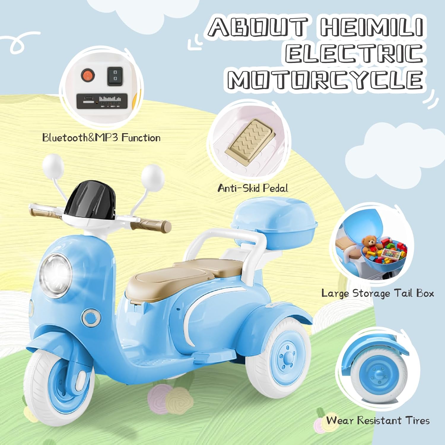 HEIMILI 12V 2-Seater Ride on Motorcycle for Kids, 3 Wheel Electric Motorbike with Dual 25W Motors, Toddler Moped Scooter with Bluetooth Music, Battery Powered Toy for Girls Boys 3-6 Years, Blue - Image 2