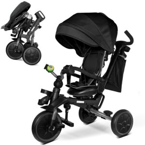KRIDDO 8-in-1 Foldable Tricycle Stroller for Toddlers 18 Months to 5 Years, 5-Point Seatbelt, 1-Step Brake Pedal, Extended Canopy, Triple Footrest, Safety Rearview Window, Detachable Guardrail, Grey