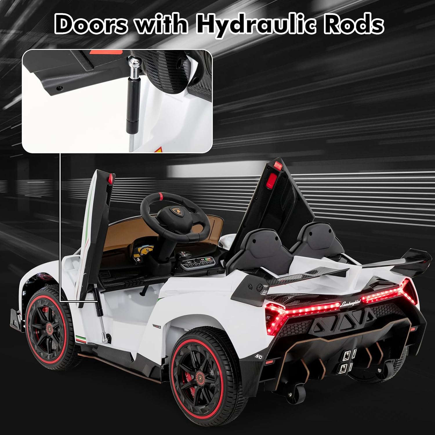 INFANS 2 Seater Kids Ride on Car, 12V 4WD Licensed Lamborghini Veneno Powered Electric Vehicle with Hydraulic Doors, Rocking Mode, Adjustable Speeds, Remote Control, MP3, Headlight (White) - Image 7
