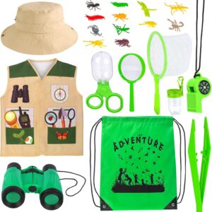 Kyson Kids Explorer Costume and Bug Catcher Kit 22Pcs with Vest,Hat,Net,Tweezers-Safari Camping Adventure Gear for Outdoor Exploration Ages 3-8 Boys Girls (Khaki)