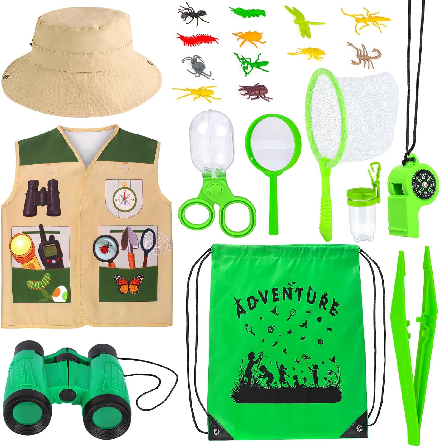 Kyson Kids Explorer Costume and Bug Catcher Kit 22Pcs with Vest,Hat,Net,Tweezers-Safari Camping Adventure Gear for Outdoor Exploration Ages 3-8 Boys Girls (Khaki)