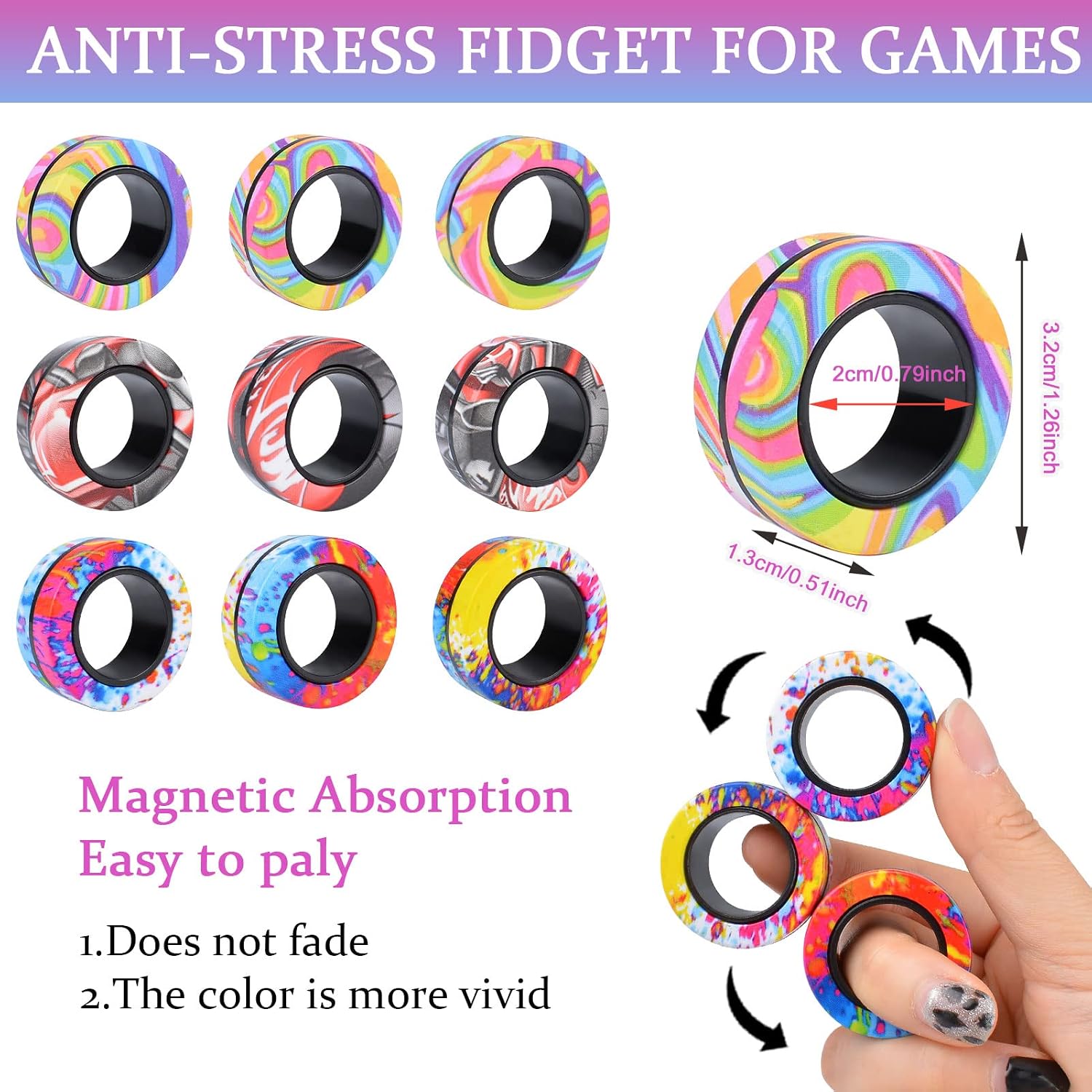 Cevioce 9Pcs Magnetic Rings Fidget Toys Adults Teens Boys ADHD Anxiety Magnetic Fidgets for Kids Fidget Spinner Rings for Relief Gifts for Kids 8+ Year Old Easter Basket Stuffers - Image 3
