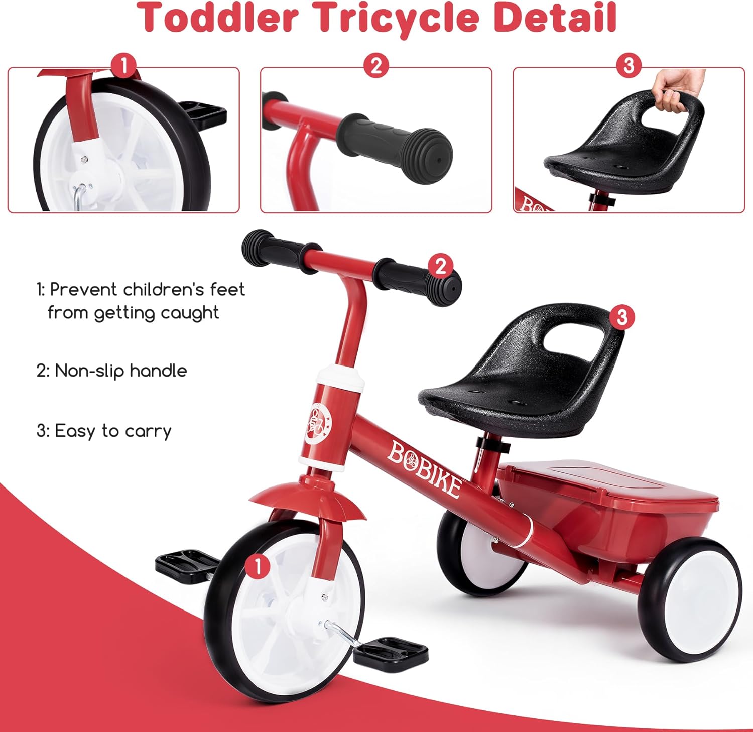 Bobike Toddler Tricycle for Ages 2-5 Years, Tricycle with 2 LED Light Wheels, Toddler Bike with 3-Position Seat and Rear Basket, Kids Bike Gift for Boys & Girl (Red) - Image 5