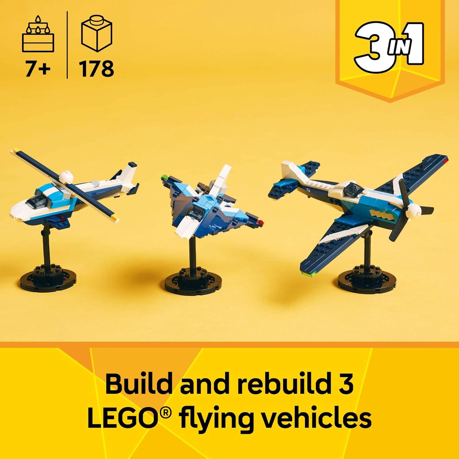 LEGO Creator 3 in 1 Aircraft Race Plane Toy - Building Toy with 3 Building Options, Airplane, Fighter Jet, or Helicopter - Gift Idea for Kids, Boys and Girls, Ages 7+ - 31160 - Image 2