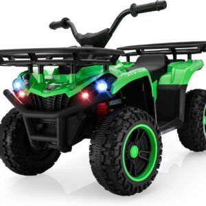 TOBBI 24V Kids Electric Ride On ATV, Battery-Powered 4 Wheels Ride On Car with Storage Basket, Three-Speed, LED Light, Music, Ride On Toy for Kids 3-8 Years-Green