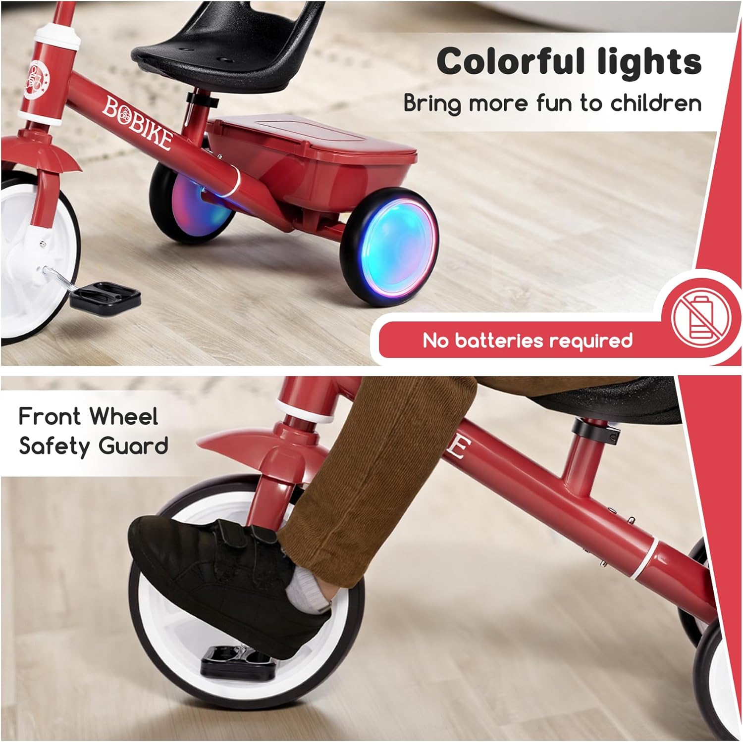 Bobike Toddler Tricycle for Ages 2-5 Years, Tricycle with 2 LED Light Wheels, Toddler Bike with 3-Position Seat and Rear Basket, Kids Bike Gift for Boys & Girl (Red) - Image 4