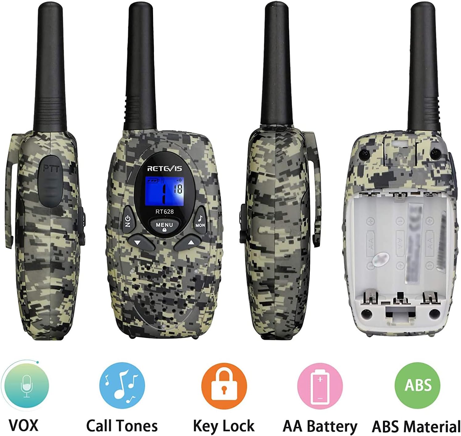 Retevis RT628 Kids Walkie Talkies,Army Toys for 6-12 Year Old Boys Girls,FRS Walky Talky with Key Lock,Gift for Outdoor Adventure Camping Hunt Trip(2 Pack,Camo) - Image 2