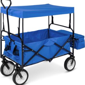 Best Choice Products Collapsible Folding Outdoor Utility Wagon with Canopy Garden Cart for Beach, Picnic, Camping, Tailgates w/Removable Canopy, Detachable Pockets, 150lb Weight Capacity – Blue