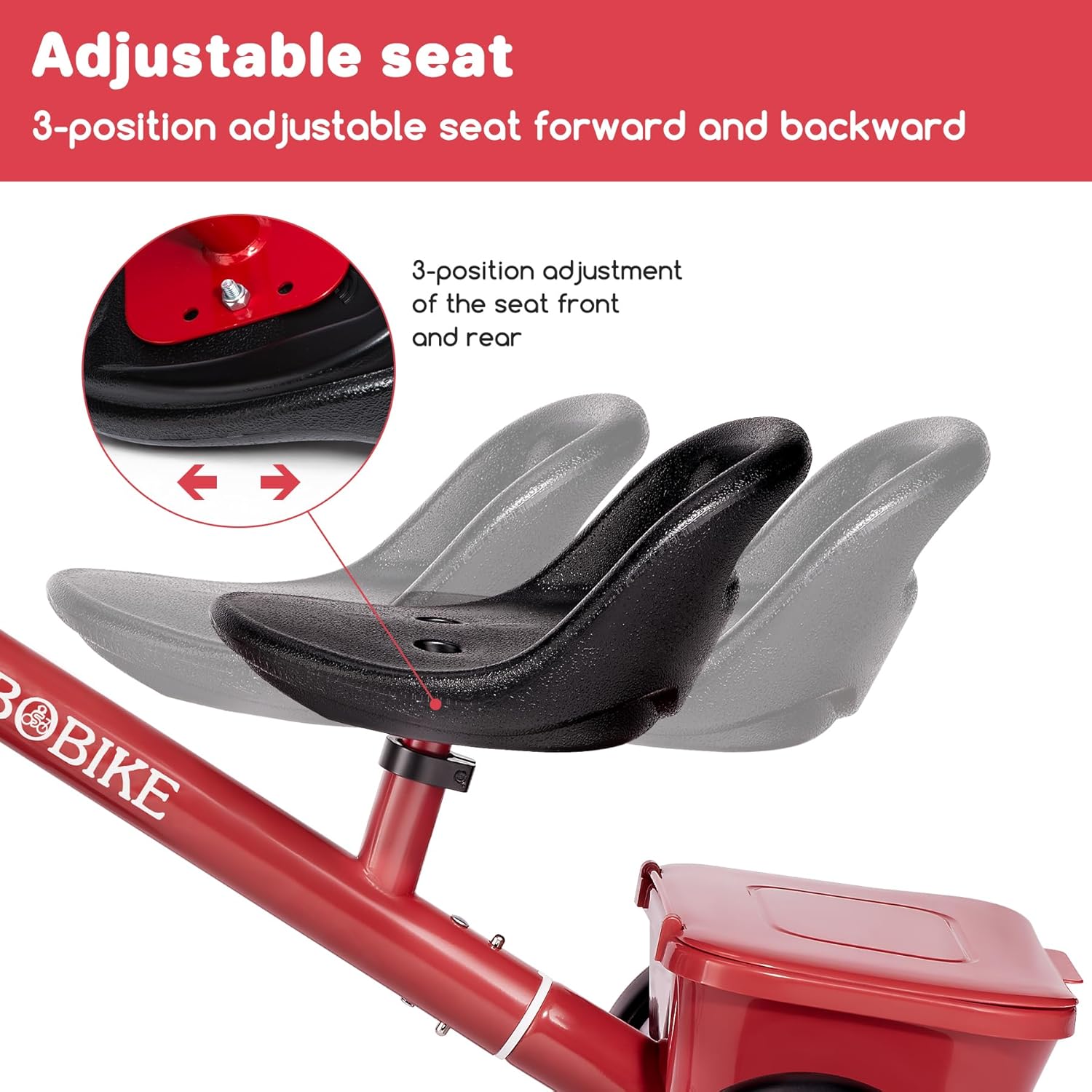 Bobike Toddler Tricycle for Ages 2-5 Years, Tricycle with 2 LED Light Wheels, Toddler Bike with 3-Position Seat and Rear Basket, Kids Bike Gift for Boys & Girl (Red) - Image 3