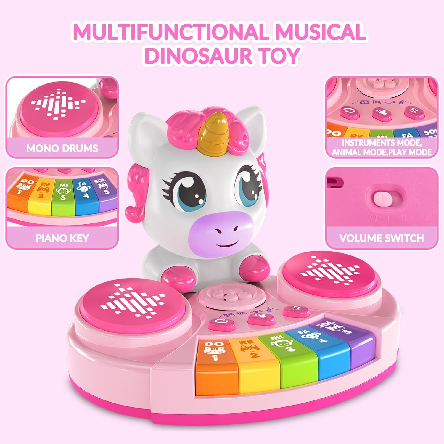 Unicorn Baby Piano Toy with Animal Sounds, Light Up Musical Keyboard, Educational Toddler Learning Toys for 1 Year Old Girl, Birthday Gifts 6+ Months - Image 3