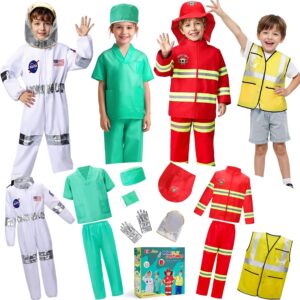 LOYO Kids Role Play Dress Up Clothes for 3-8 Years Old Play, 4 Sets Astronaut/Doctor/Fireman/Construction Costume for Kids And Toddlers Boys Halloween Costumes