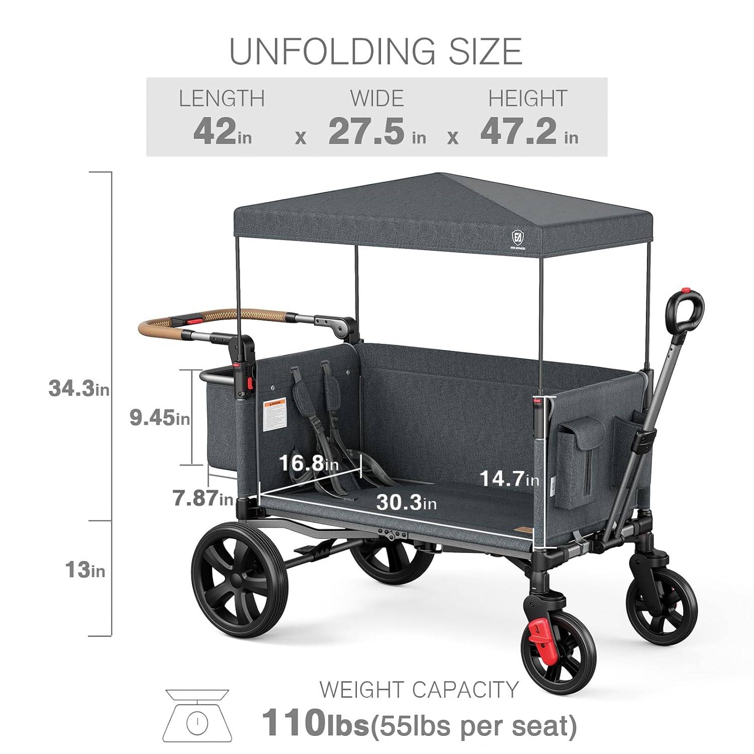 EVER ADVANCED Side-Unzip Stroller Wagon for 2 Kids - 2-in-1 Bench Mode & All-Terrain Push-Pull Wagon - Spica Cast & Special Needs Friendly - JPMA Certified, UV Canopy, Foldable for Zoo, Beach & Travel - Image 9