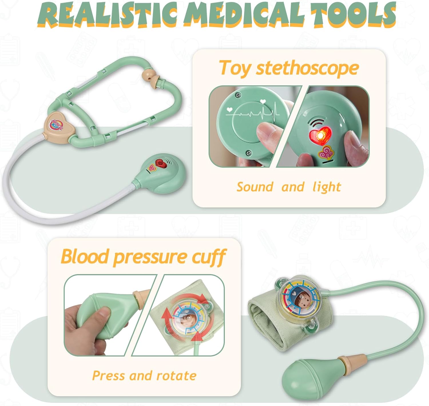 Liberry Doctor Kit for Toddlers 3-5 Years Old, 18-Piece Doctor Bag Pretend Play Toys, Durable Medical Kit with Toy Stethoscope, Green Birthday Gift for Kids - Image 2