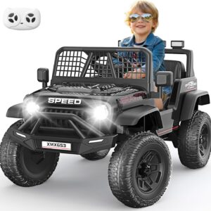 Hikole 24V Kids Ride on Car with Parent Remote Control, Electric Truck Car Toys for Toddler Boys Girls Ages 3-8, Spring Suspension, Safety Belt, Music Player, 3 Gear Shift, LED Light, Black