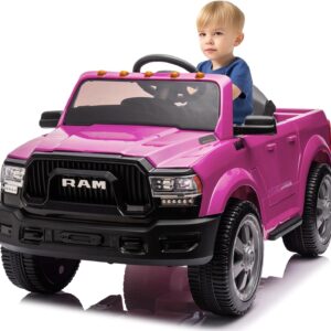 12V Ride on Toys for Kids 4-8, Licensed Ram 2500, Electric Car for Kids, with Remote Control, LED Light/Music/MP3, Back Storage & Cup Holder, Suitable for 3+ (Pink)