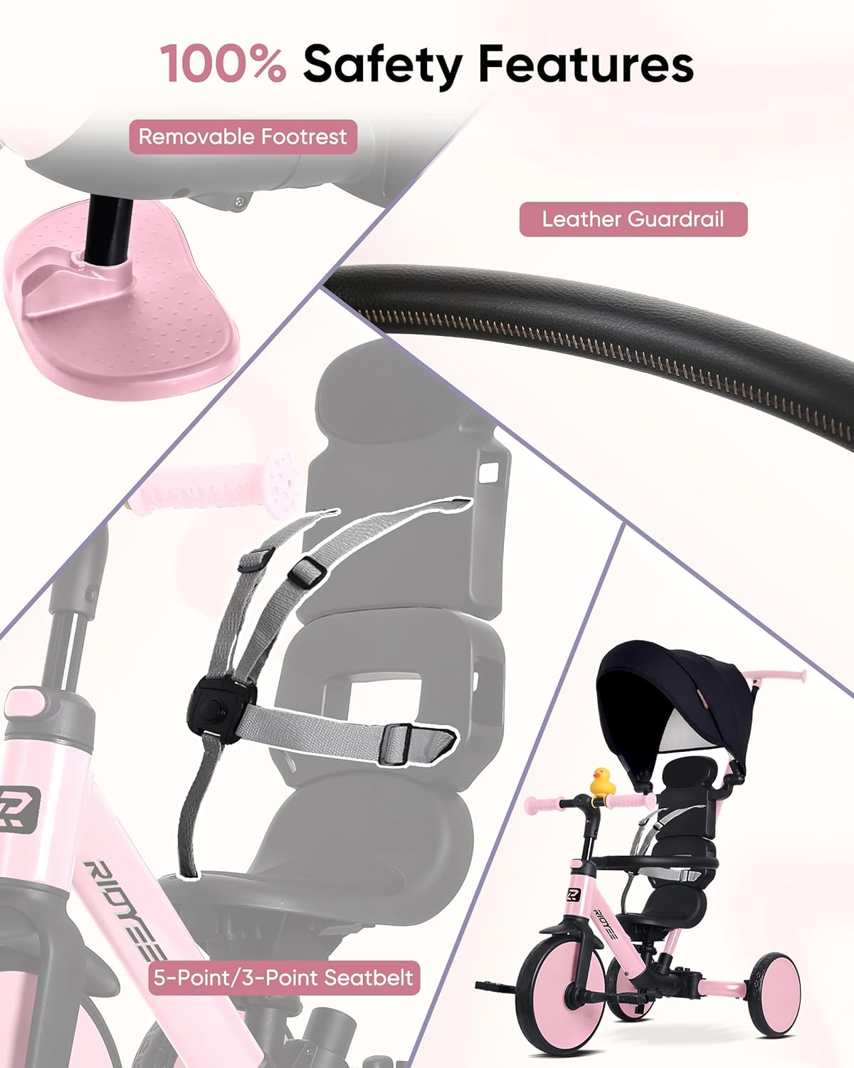 RIDYEE 8-in-1 Tricycle for 1.5-5 Years, Tool-Free Switch, Toddler Tricycle with Parent Steering Control Handle for 1.5 to 5 Yrs, Toddler Trike 1.5-3 Years with 5-Point Harness and Large Canopy, Pink - Image 4