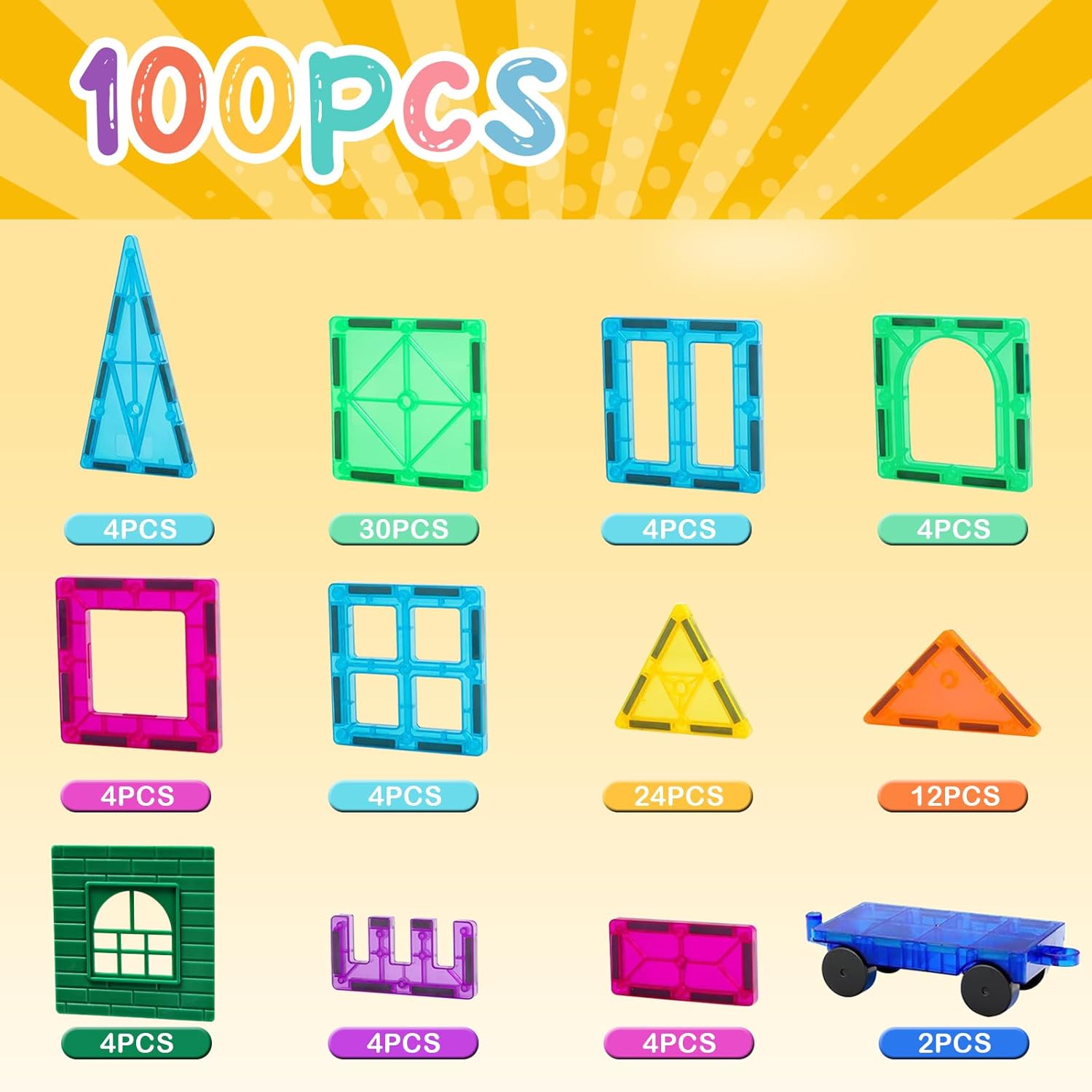 FNJO Magnetic Tiles, 100PCS Building Blocks, STEM Magnets Building Toy Set, Preschool Kindergarten Construction Stacking Toy, School Teacher Supplies, Classroom Must Haves - Image 5
