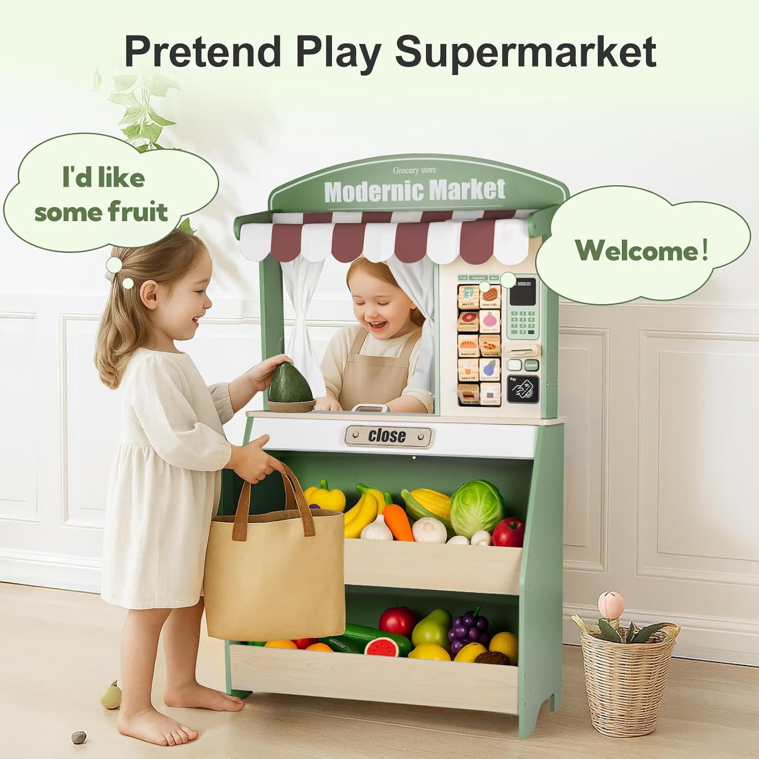 Kids Grocery Store Pretend Play, Puppet Theater&Grocery Store Playset Toy Double-Sided, Toddler Supermarket Toy Cash Register w/Blackboard, Display Shelves, Gift for Boys Girls, Green - Image 8