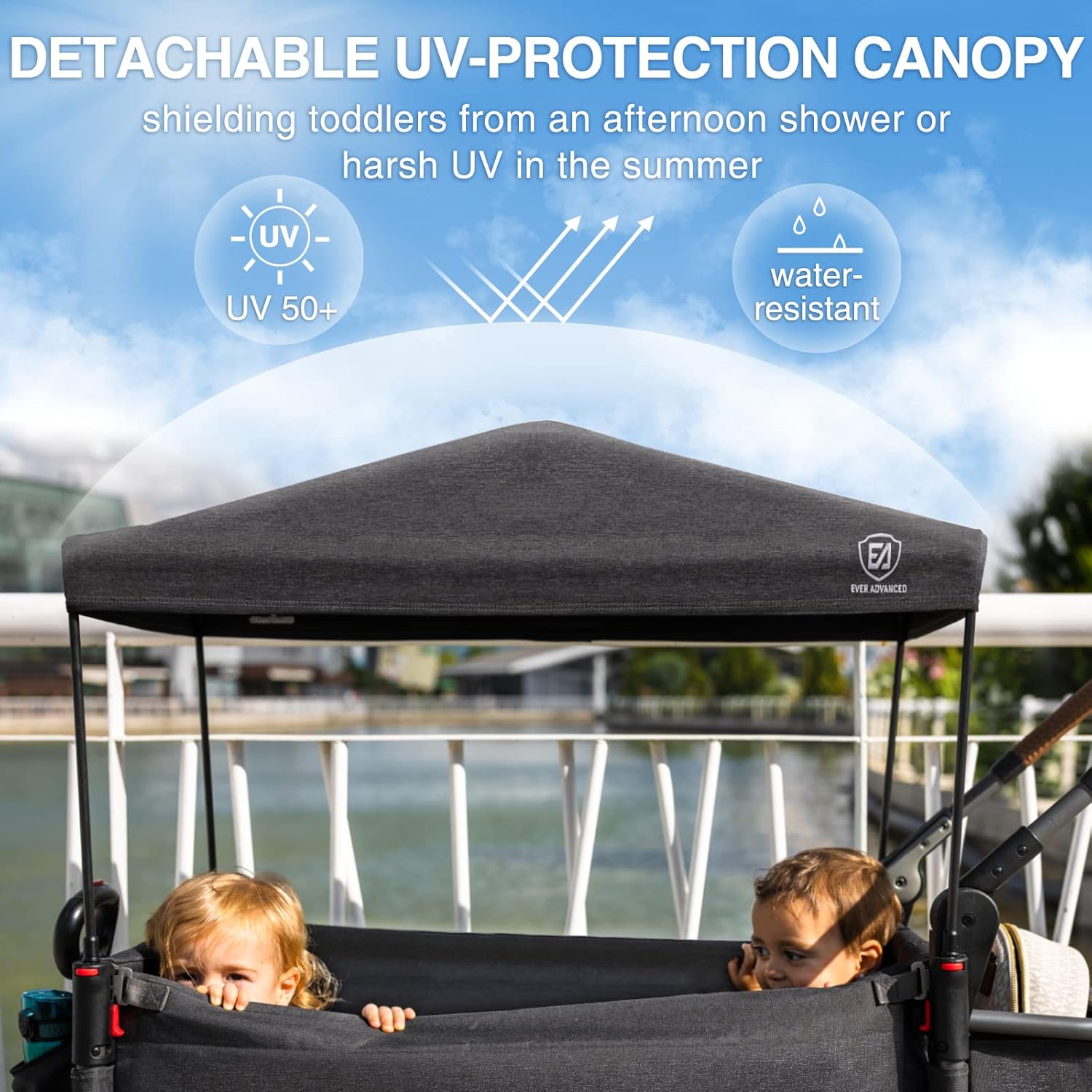 EVER ADVANCED Side-Unzip Stroller Wagon for 2 Kids - 2-in-1 Bench Mode & All-Terrain Push-Pull Wagon - Spica Cast & Special Needs Friendly - JPMA Certified, UV Canopy, Foldable for Zoo, Beach & Travel - Image 6