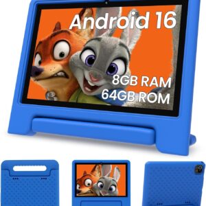 ApoloSignage 2026 Android 16 Kids Tablet, 10 Inch HD Display, 8GB RAM, 64GB ROM (Expandable to 1TB), with Kids Space, Parental Controls, Long-Lasting Battery (Blue)