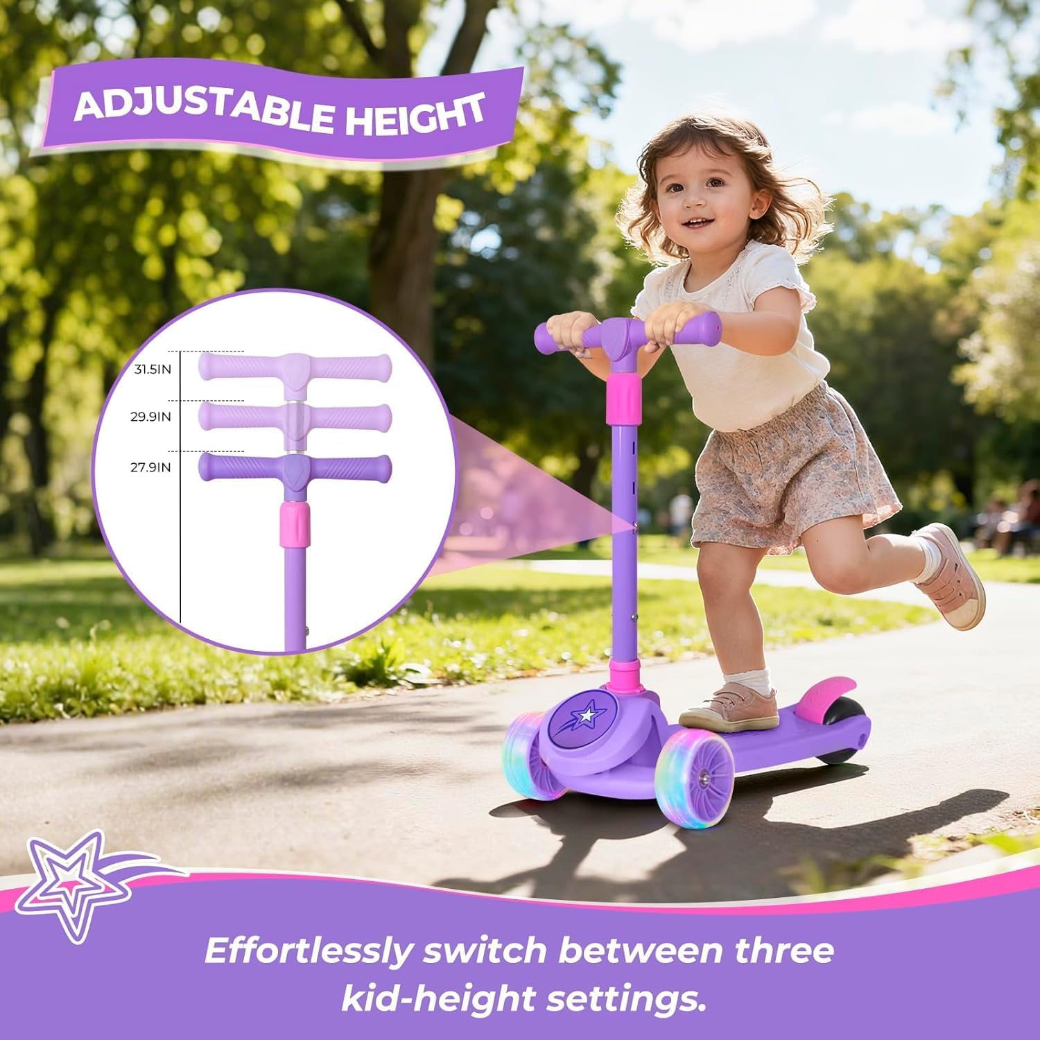 Nattork Kids Scooter for Girls Boys with Light Up Wheels, 3 Adjustable Height Handlebars, Lean-to-Steer Technology, Widen Anti-Slip Deck, 3 Wheel Scooter for kid ages 3-8, Support Riders Up to 110 LBS - Image 4