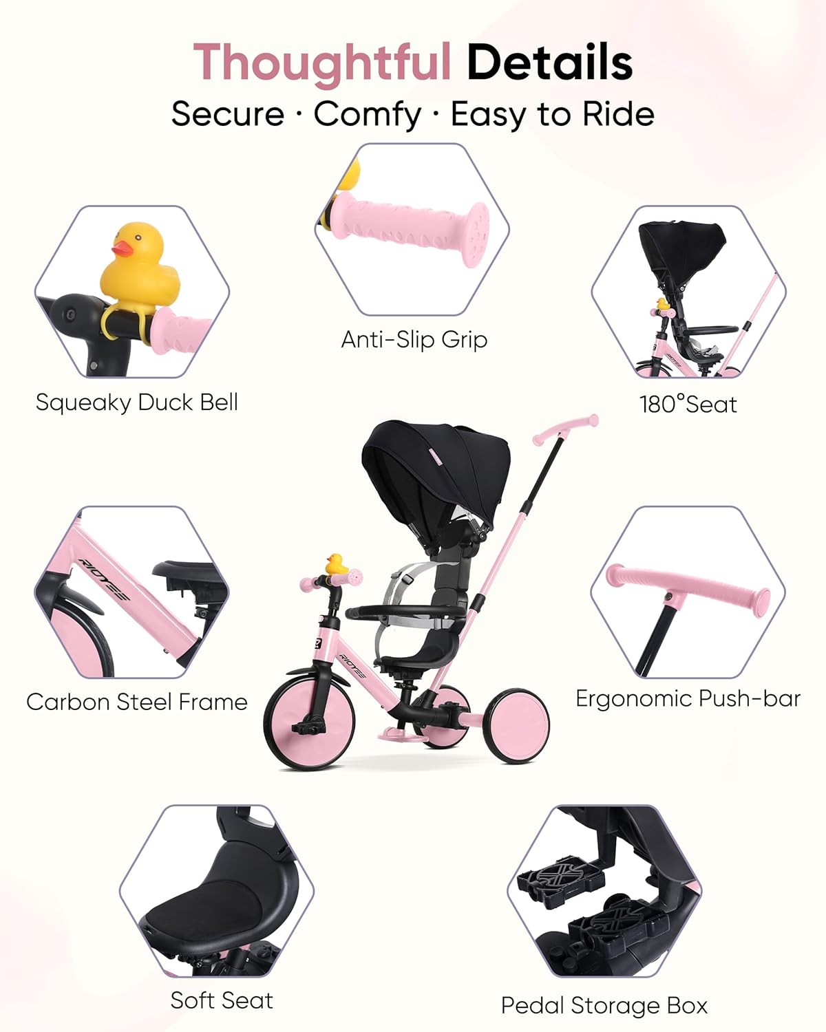 RIDYEE 8-in-1 Tricycle for 1.5-5 Years, Tool-Free Switch, Toddler Tricycle with Parent Steering Control Handle for 1.5 to 5 Yrs, Toddler Trike 1.5-3 Years with 5-Point Harness and Large Canopy, Pink - Image 6
