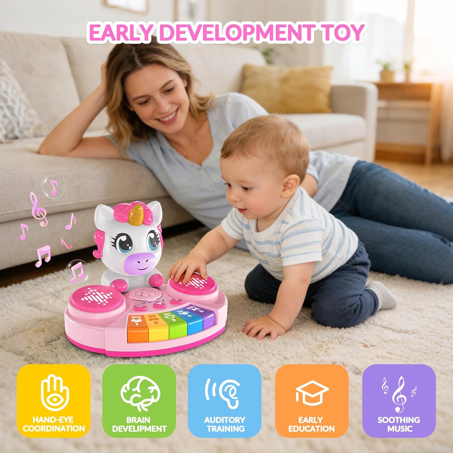 Unicorn Baby Piano Toy with Animal Sounds, Light Up Musical Keyboard, Educational Toddler Learning Toys for 1 Year Old Girl, Birthday Gifts 6+ Months - Image 5
