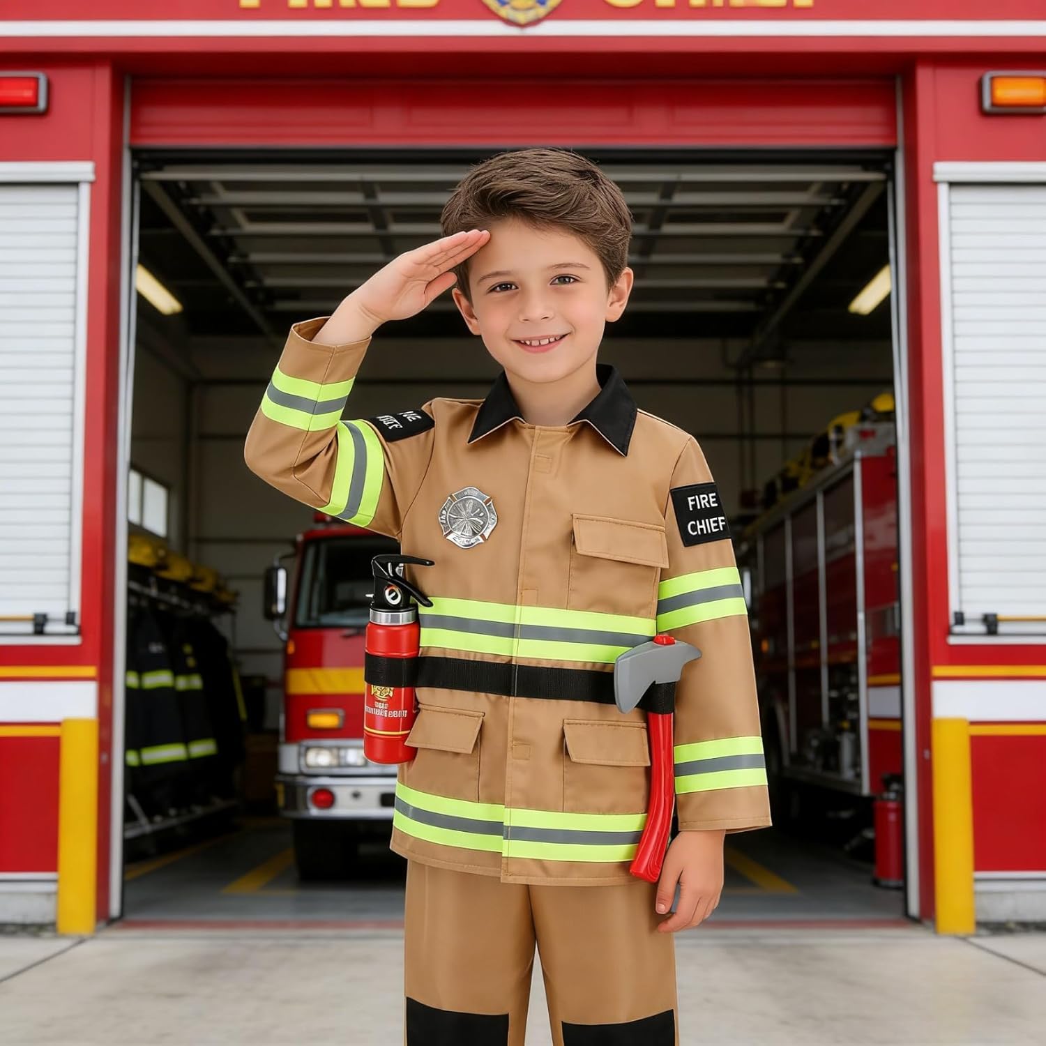 Colorful House Kids Fireman Costume Unisex Firefighter Dress up Fire Fighter with Toy Accessories Halloween Role Play - Image 5