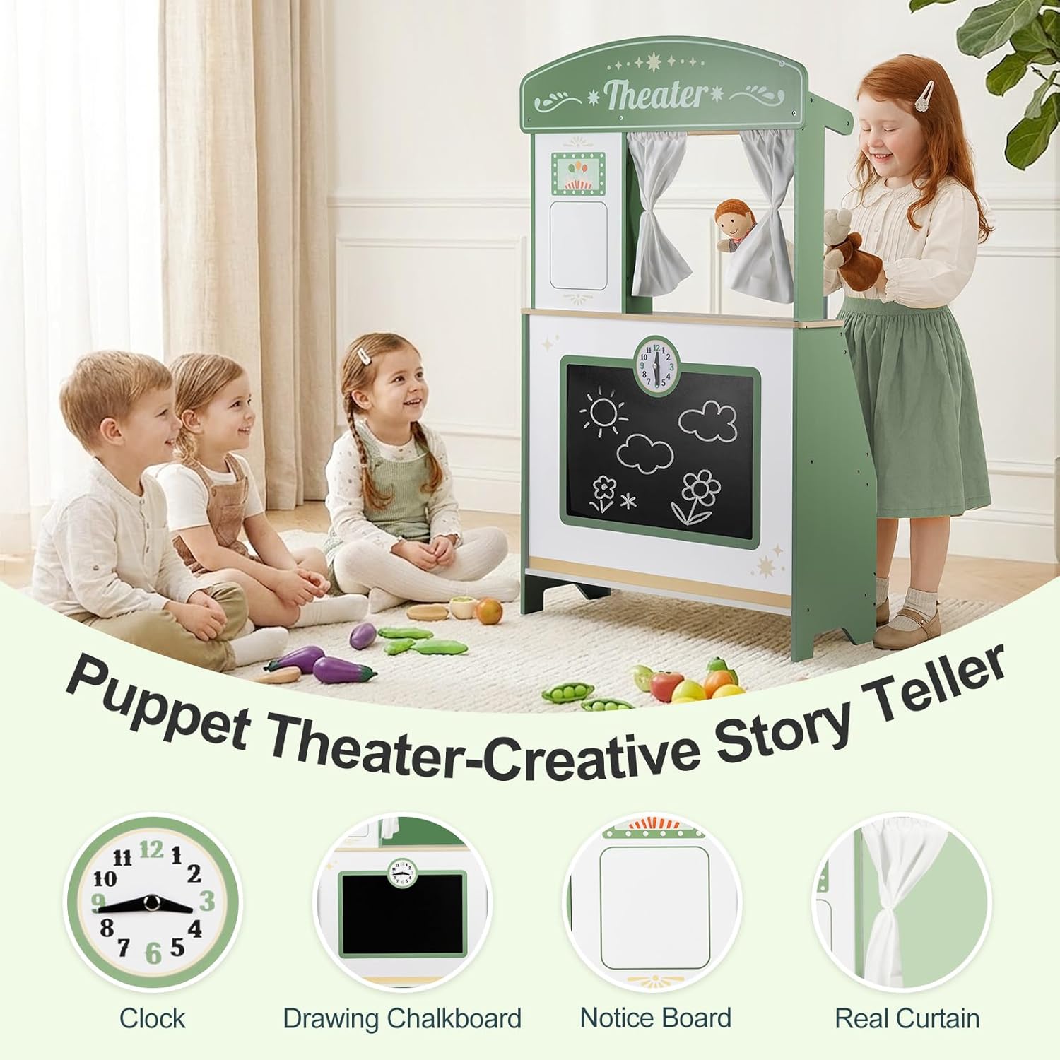 Kids Grocery Store Pretend Play, Puppet Theater&Grocery Store Playset Toy Double-Sided, Toddler Supermarket Toy Cash Register w/Blackboard, Display Shelves, Gift for Boys Girls, Green - Image 3